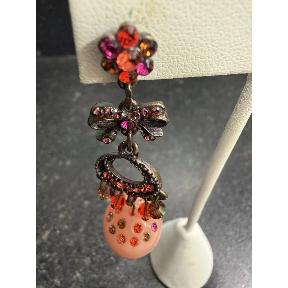 Unmarked Rhinestone Dangle Earrings Pink Bead Bow Chandelier 2.5